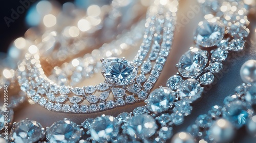 A close-up shot showcasing a stunning set of luxury jewelry pieces, glittering diamonds, fashion statement