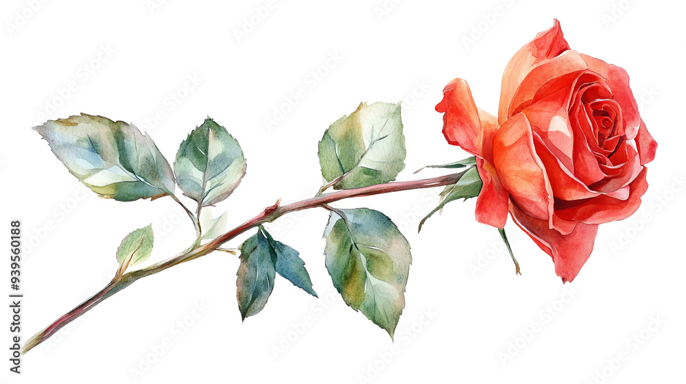 Fototapeta premium Stunning watercolor rose with delicate petals and lush green leaves, perfect for adding elegance and beauty to any design.