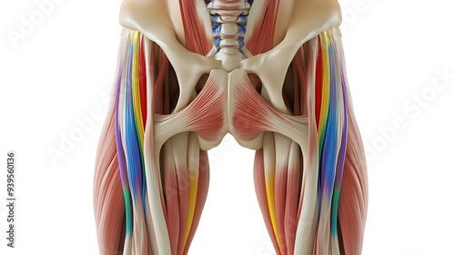 Detailed Vector Illustration of Tensor Fasciae Latae Muscles with Colored Lines Representing Hip and Thigh Muscle Development in Adult Male on White Background photo