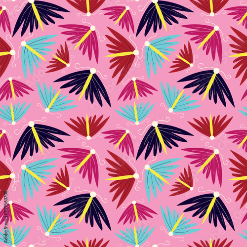 A colorful pattern of butterflies and flowers on a pink background. The butterflies are in various colors and sizes, and the flowers are also in different colors and sizes