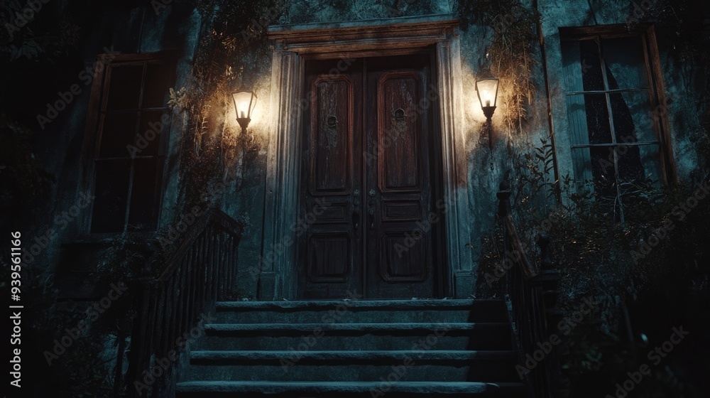 Mysterious Nighttime Entrance to an Old Building Mysterious Nighttime Entrance to an Old Building