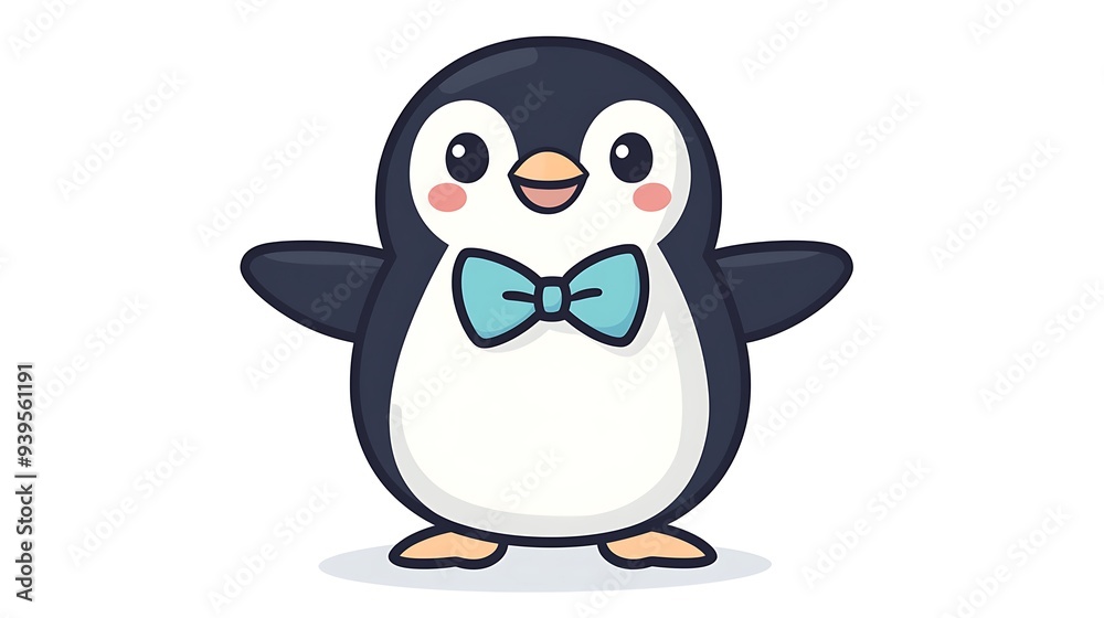 Obraz premium Happy Dancing Penguin in Bow Tie Clipart - Kawaii Style Flat Design Illustration with Black Outline and Simple Doodle 2D Vector on White Background