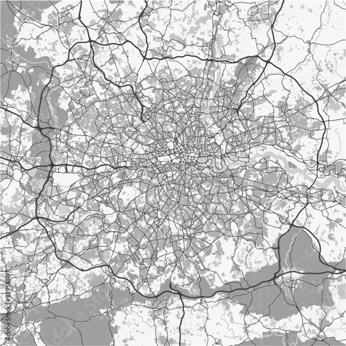 Map of London in United Kingdom in grayscale. Contains layered vector with roads water, parks, etc. photo