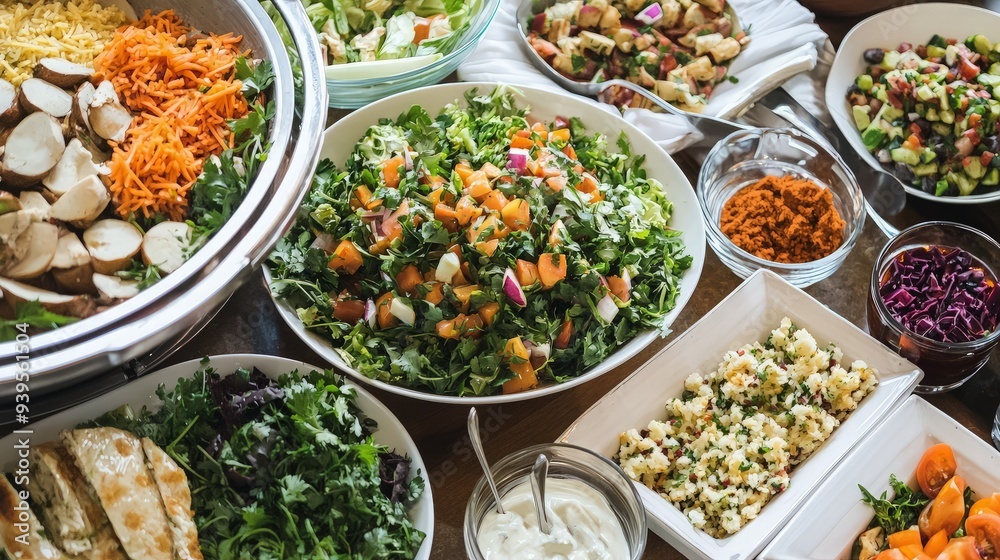 A Festive Table Spread with a Variety of Salads, Dips, and Sides A Festive Table Spread with a Variety of Salads, Dips, and Sides