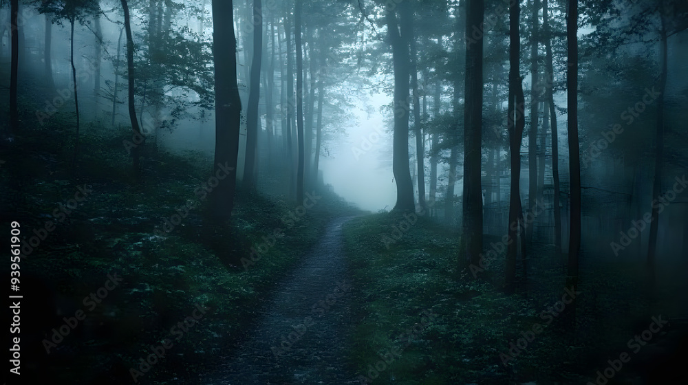 Naklejka premium Enigmatic Foggy Forest Trail: Mysterious Path through Dark Woods with Tree Silhouettes vanishing in Distance