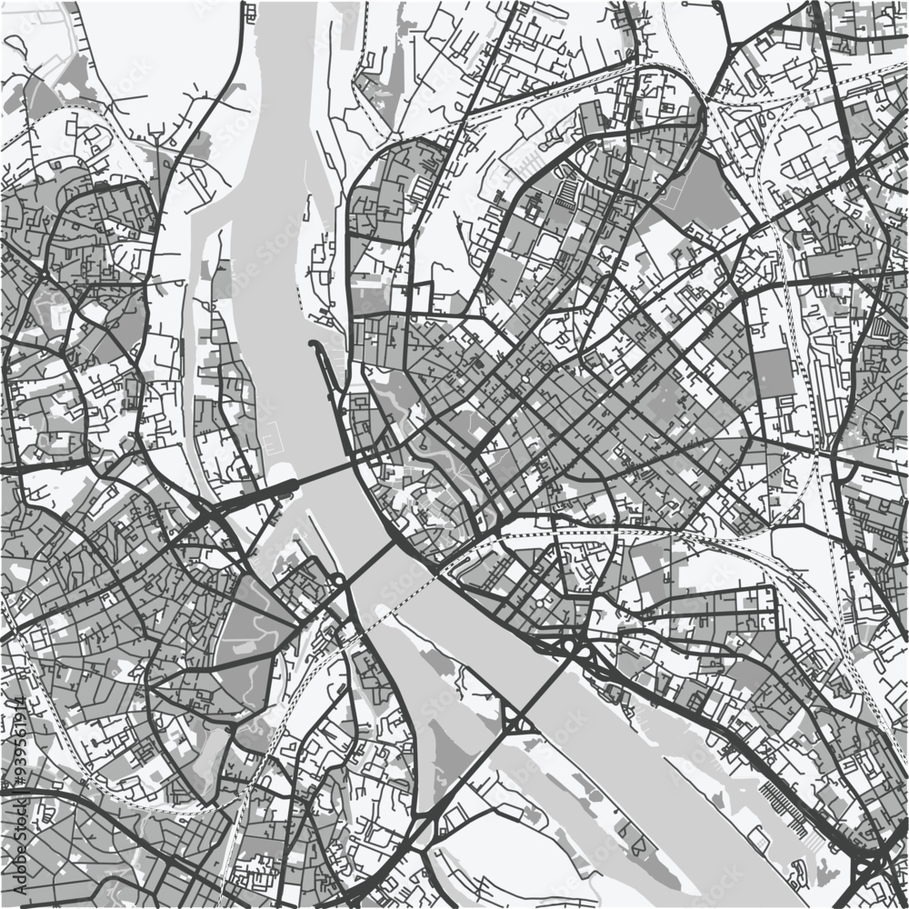 Naklejka premium Map of Riga in Latvia in grayscale. Contains layered vector with roads water, parks, etc.