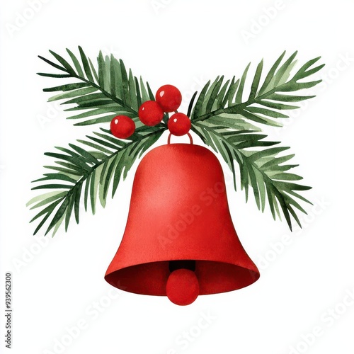 A Christmas bell hanging on a barn door clipart, festive decor, watercolor painting, isolated on white background