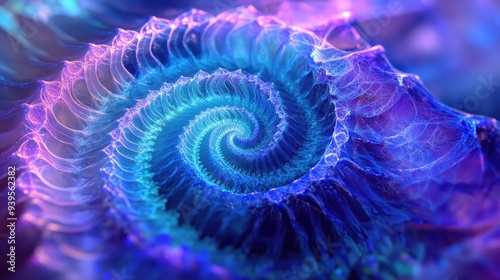 Spiral fractal web glowing in electric blues and purples, with fine, detailed lines radiating from the center.