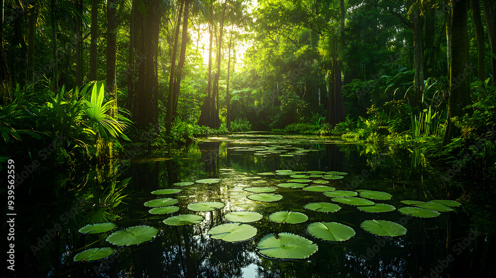 Serene Forest Pond in Lush Greenery - Tranquil Nature Landscape with Lily Pads and Tall Trees Reflecting on Still Water Serene Forest Pond in Lush Greenery - Tranquil Nature Landscape with Lily Pads and Tall Trees Reflecting on Still Water