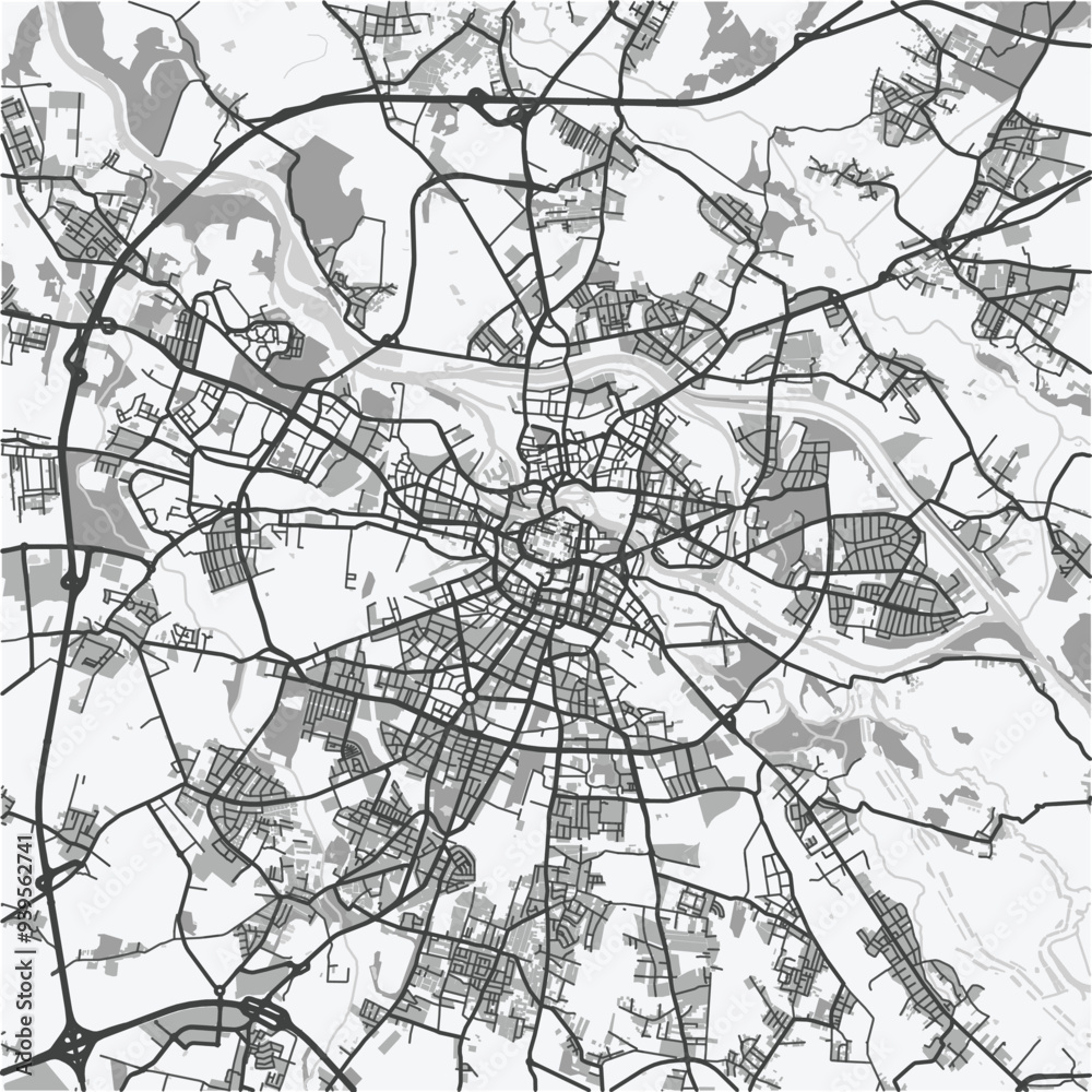 Obraz premium Map of Wroclaw in Poland in grayscale. Contains layered vector with roads water, parks, etc.