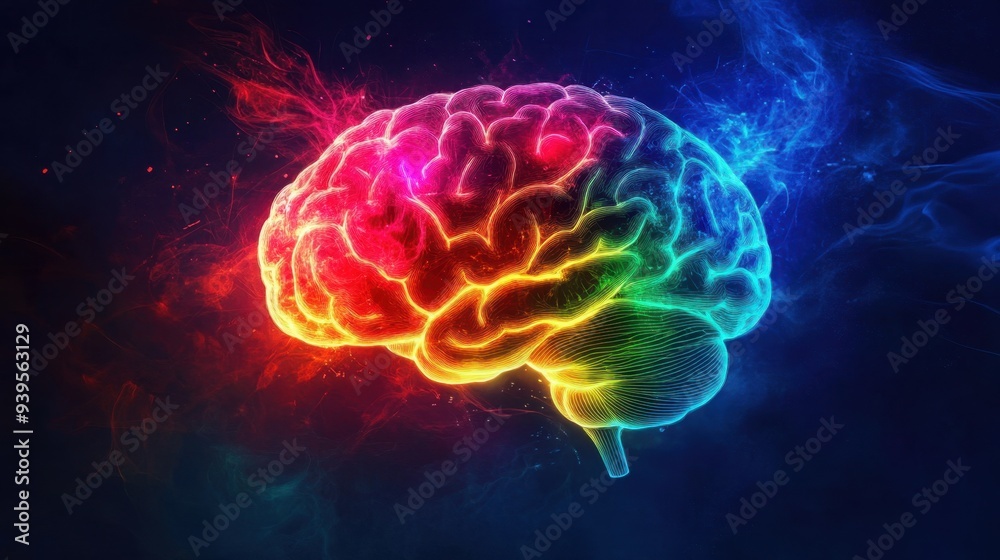 Obraz premium Strong brain illustration in glowing neon colors on a dark background, symbolizing mental power.
