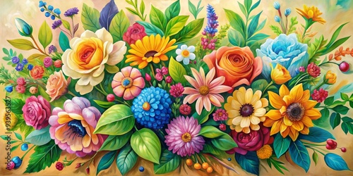 A Symphony of Blooms Oil Painting of a Vibrant Floral Arrangement, flower , floral , bouquet , art