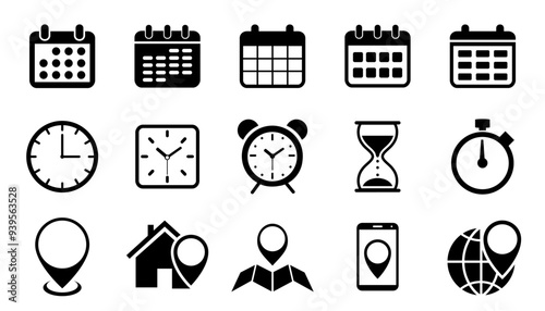 Date, time and address icon set, calendar, clock, location pin signs