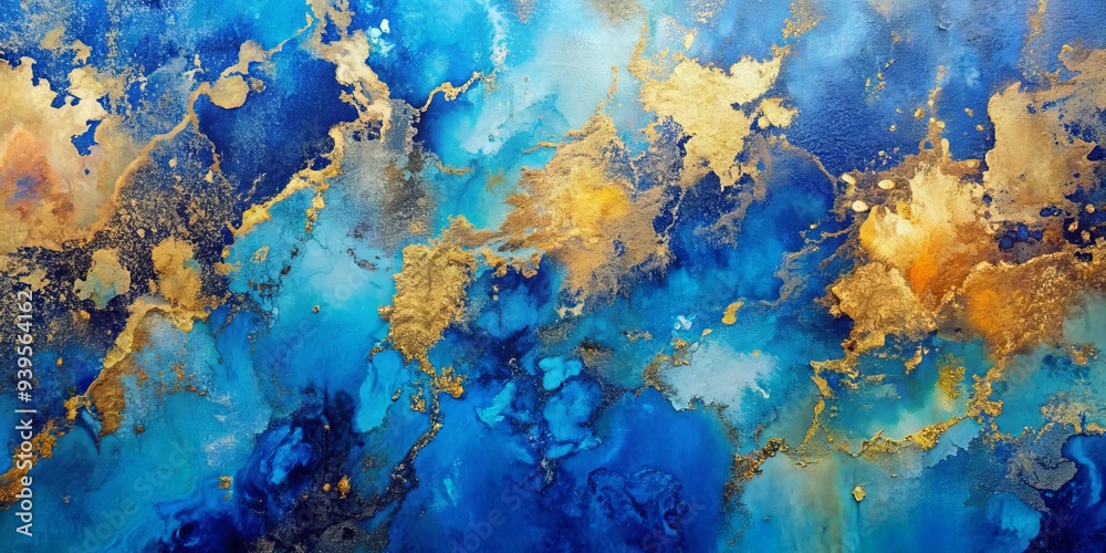 Naklejka premium Abstract Blue and Gold Ink Art Cosmic Swirls, Abstract Art, Gold Ink, Blue Ink, Alcohol Ink
