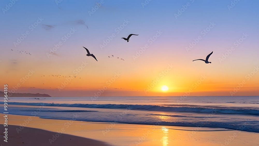 Fototapeta premium High-angle view of a beach at dawn with silhouetted seagulls flying, capturing the serene and tranquil atmosphere of the coastal environment.