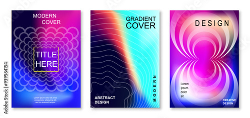 Fototapeta Naklejka Na Ścianę i Meble -  Modern gradient cover background design set. Brochure cover cards. Vibrant 3d geometric shapes compositions. Banner, cover, card, wallpaper, decoration, poster, brochure, leaflet. Template A4 size