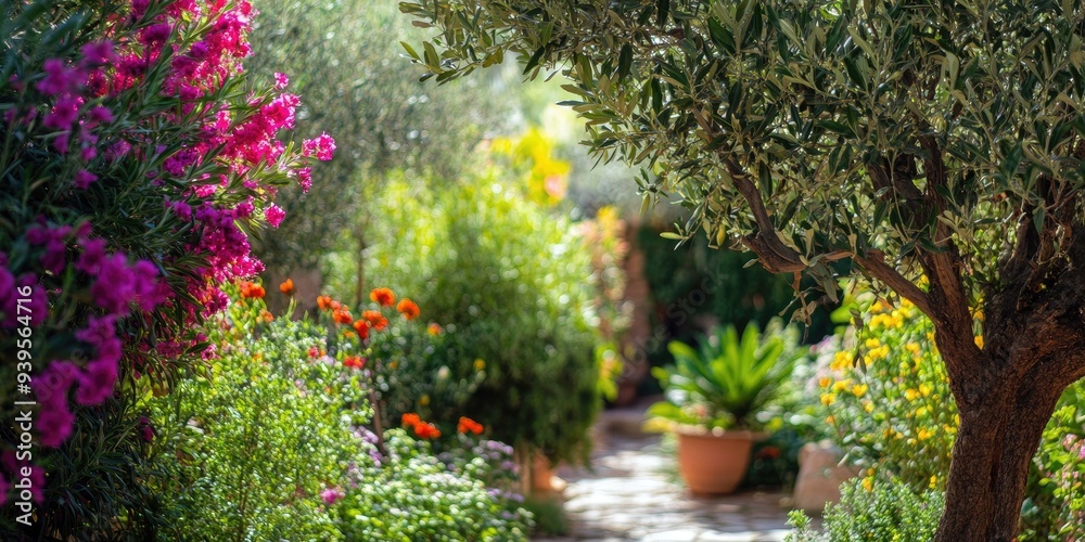 Olive tree, pink flowers, green foliage, pathway. Olive tree, pink flowers, green foliage, pathway.