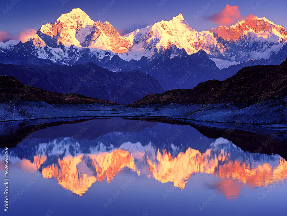 Obraz premium Golden Sunrise: Tranquil Lake Nestled by Snow-Capped Mountains