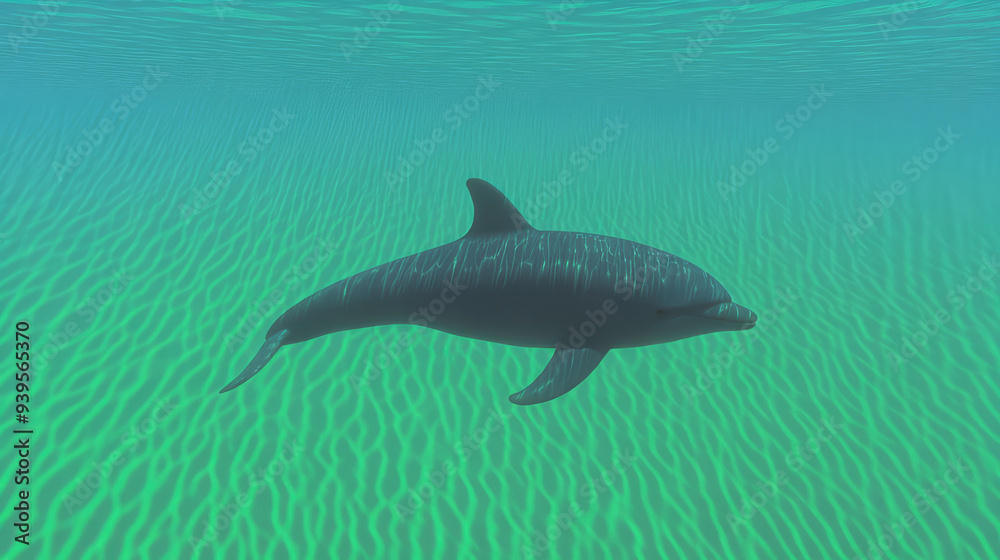 A dolphin swimming elegantly through clear and calm sea water, embodying the beauty and grace of marine life in its natural habitat under the ocean. A dolphin swimming elegantly through clear and calm sea water, embodying the beauty and grace of marine life in its natural habitat under the ocean.