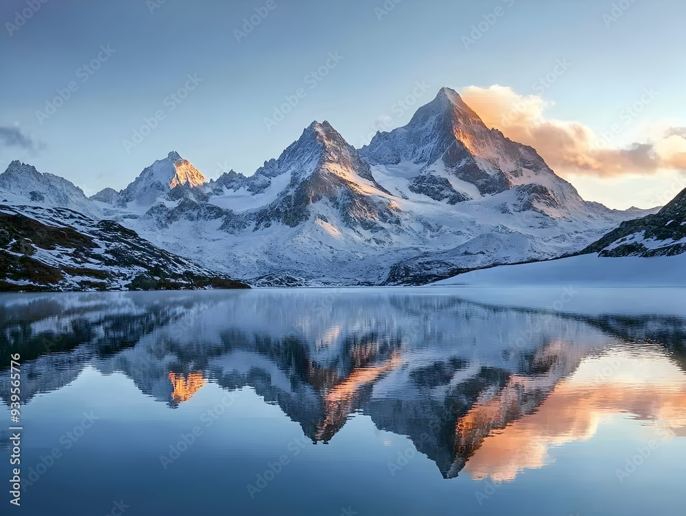Serene Sunrise: Majestic Snow-Covered Mountain Peaks Reflecting in Tranquil Lake Serene Sunrise: Majestic Snow-Covered Mountain Peaks Reflecting in Tranquil Lake