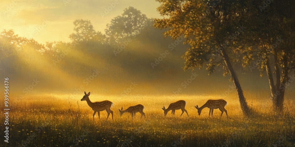 Four deer graze in a golden field at dawn. Four deer graze in a golden field at dawn.