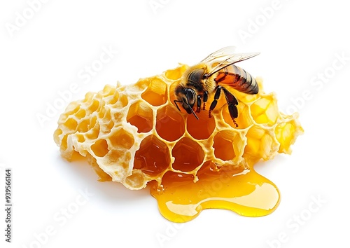 A honeycomb with a bee and honey flowing out the side.