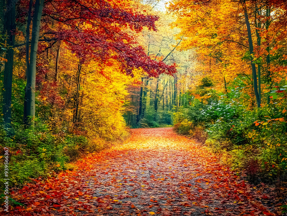 Fototapeta premium Enchanted Autumn Trail: Vibrant Forest Pathway Amidst Colorful Foliage, Awaiting Exploration and Adventure