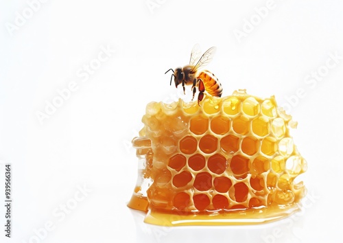 Bees and honeycombs with honey flowing out white background.