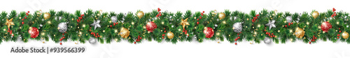 Christmas seamless decoration isolated on white background. Christmas tree border, garland. Gold and red glitter ornaments, stars. For holiday headers, banners, party posters. Vector.
