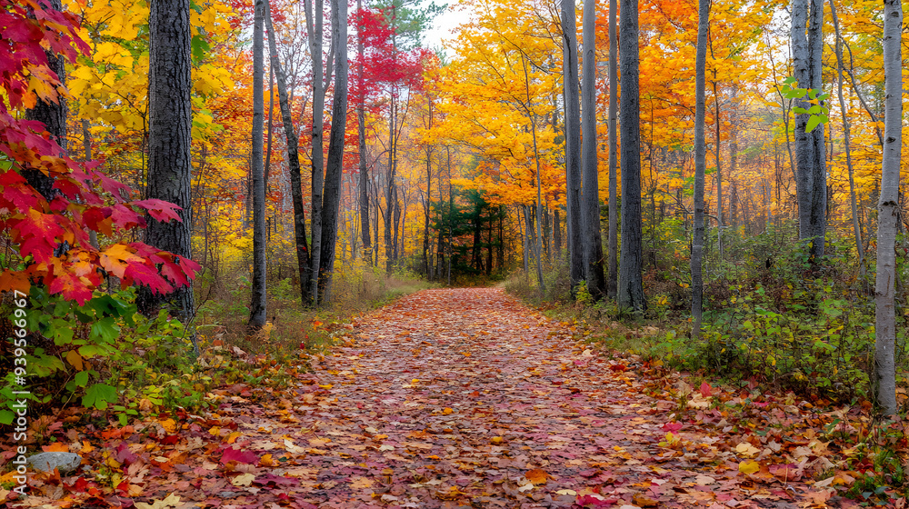 Obraz premium Tranquil Autumn Pathway in Colorful Forest Setting with Red, Orange, and Yellow Foliage