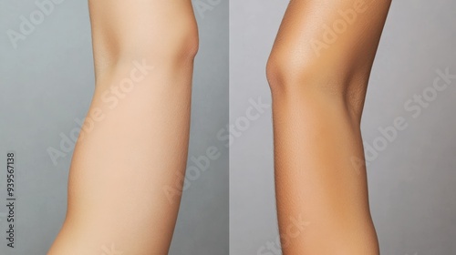 The visual features a close-up view of a person's arms, displaying the clear difference in skin tone before and after a tanning process in a controlled environment