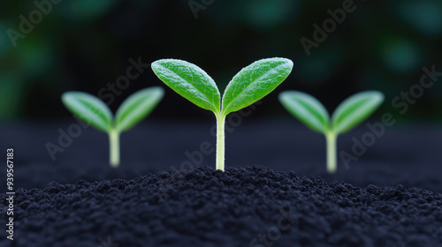 Three green seedlings are emerging from dark, rich soil, symbolizing growth and new beginnings, set against a blurred background that makes the plants stand out.