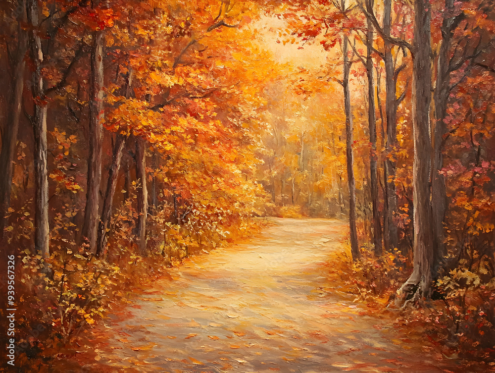 Fototapeta premium Tranquil Autumn Forest Path: Vibrant Leaves and Warm Light Scenery