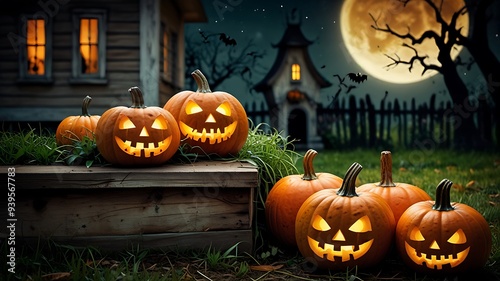 Old house with Halloween pumpkins in the autumn garden