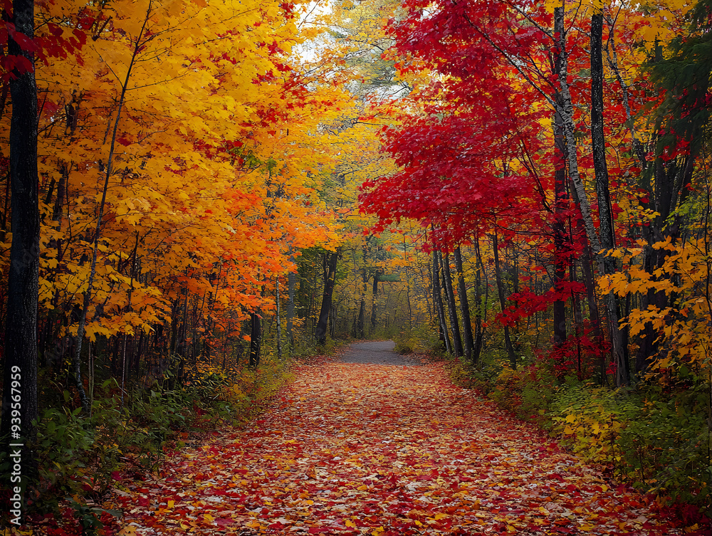 Naklejka premium Enchanting Autumn Forest Trail with Vibrant Leaves - A Path of Colorful Exploration in Nature