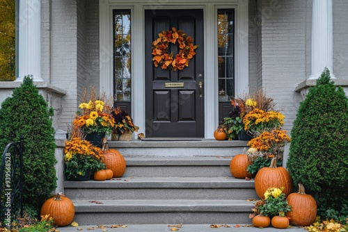 House entrance decorated for traditional autumn holidays, front steps of house with pumpkins, flowers and autumn wreath on front door 