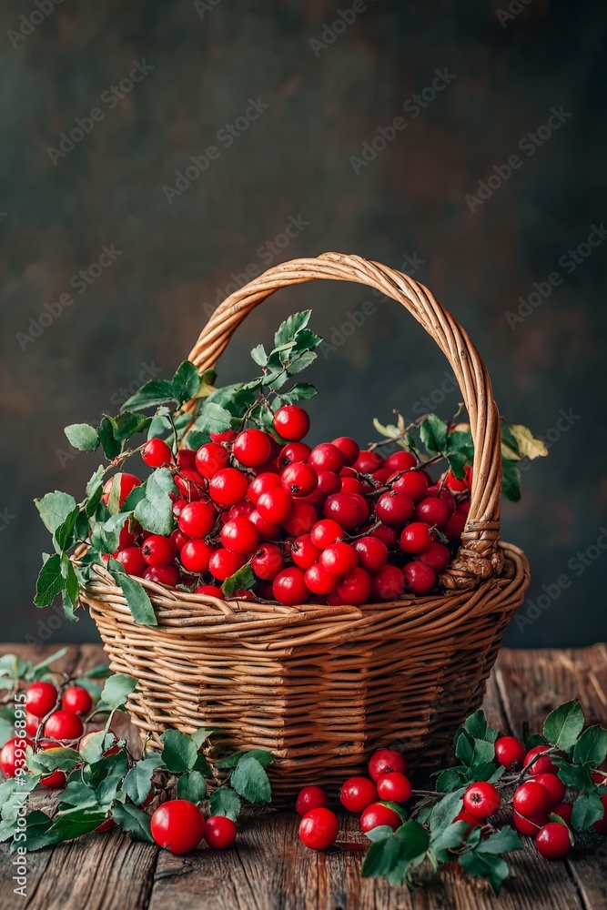 A wicker basket overflowing with ripe red berries, surrounded by scattered berries and green leaves on a rustic wooden table against a dark brown background. A wicker basket overflowing with ripe red berries, surrounded by scattered berries and green leaves on a rustic wooden table against a dark brown background.