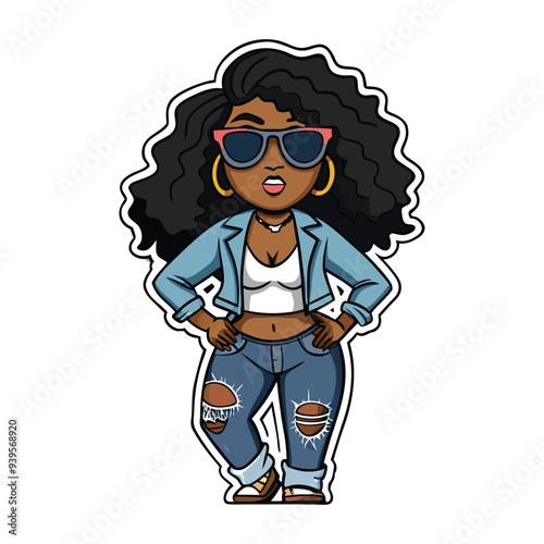 Sticker of a Hip-Hop Street Black Woman with Bold Sunglasses and Ripped Jeans Exuding Streetwise Attitude - Contour Vector on White Background
