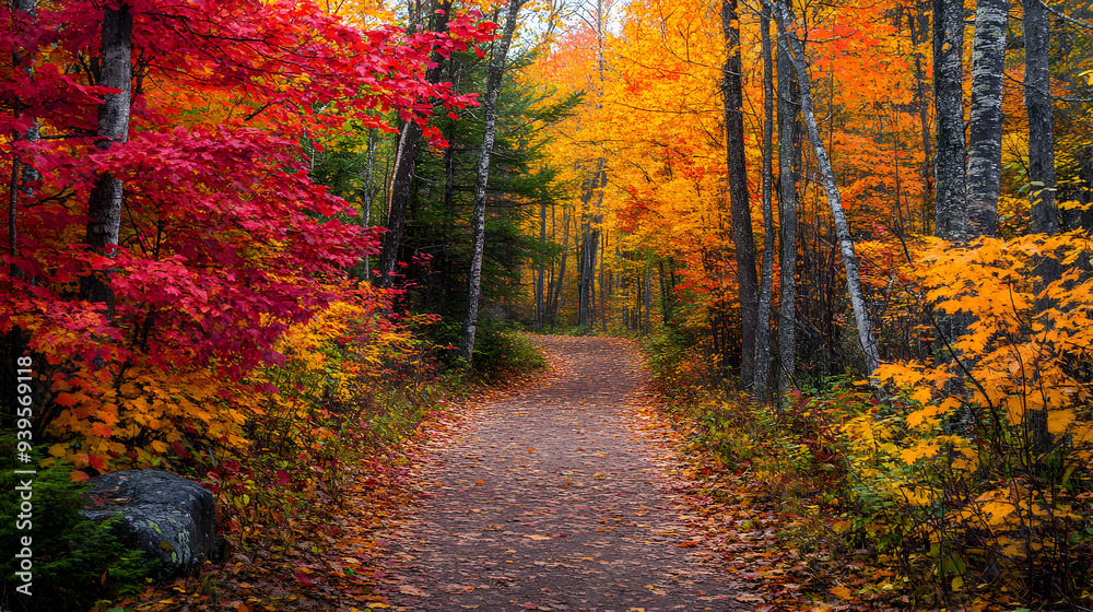 Obraz premium Enchanting Autumn Forest Trail: Vibrant Red, Orange, and Yellow Foliage Inviting Exploration