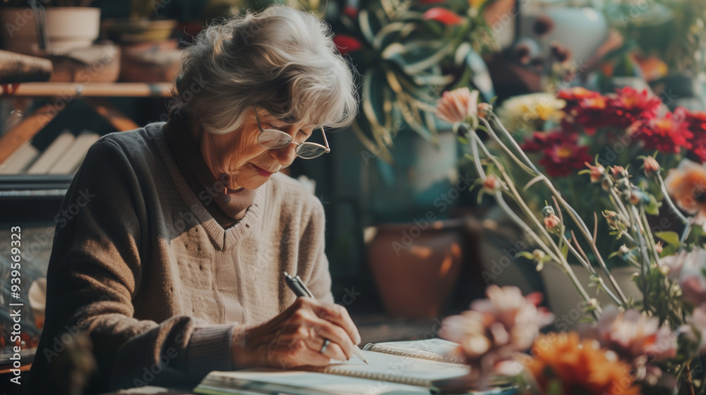 Elderly woman writing in notebook her memories surrounded by flowers and plants. Warm light, glasses, gray hair. Cozy indoor setting with bookshelves for a peaceful, contemplative mood. Elderly woman writing in notebook her memories surrounded by flowers and plants. Warm light, glasses, gray hair. Cozy indoor setting with bookshelves for a peaceful, contemplative mood.