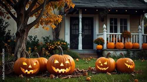 Old house with Halloween pumpkins in the autumn garden