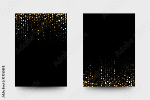 Wedding, business, presentation or birthday invitation templates with gold glitter sparkling garlands on black background.