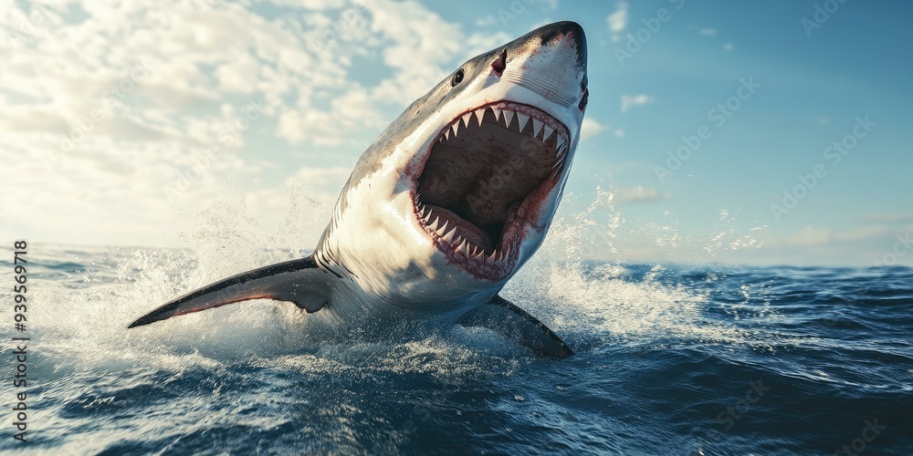 Fototapeta premium Great white shark leaps from water with open mouth.
