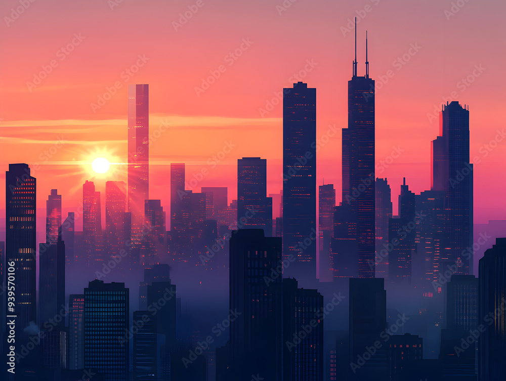 Fototapeta premium Urban Sunset Silhouette: Majestic Skyscrapers Casting Long Shadows in a City Awakening to Night Lights