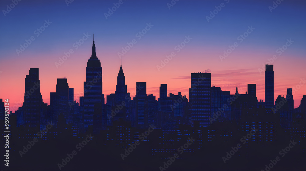 Naklejka premium Twilight Glow: Majestic Urban Skyline Illuminated by First Evening Lights