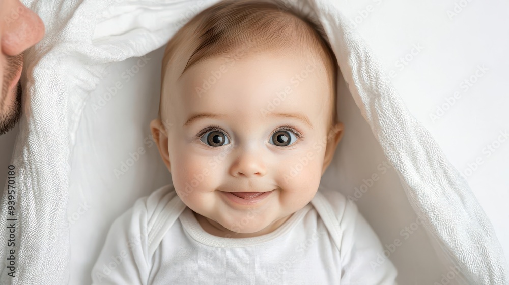 Adorable baby smiling warmly under a cozy blanket, showcasing innocence and joy in a serene and peaceful setting. Adorable baby smiling warmly under a cozy blanket, showcasing innocence and joy in a serene and peaceful setting.