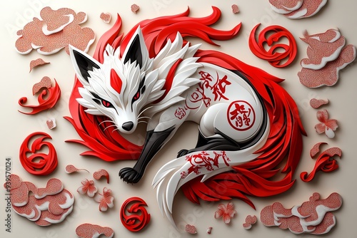 A tattoo design of the nine-tailed fox, with its flowing tails wrapping around the arm or back, incorporating elements of Japanese or Chinese calligraphy photo