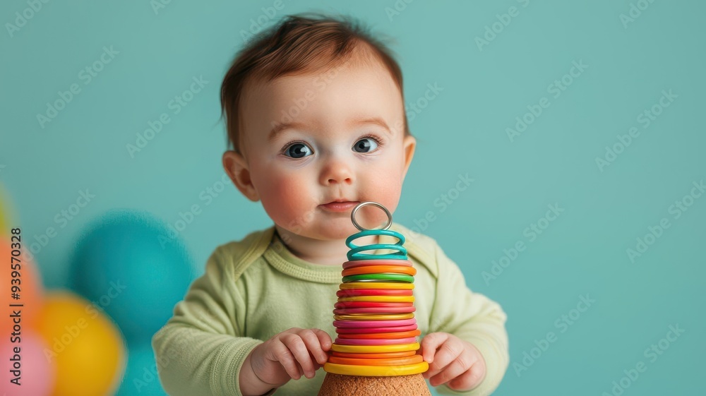 A curious baby plays with a colorful stacking toy, surrounded by vibrant balloons, in a bright and playful environment. A curious baby plays with a colorful stacking toy, surrounded by vibrant balloons, in a bright and playful environment.