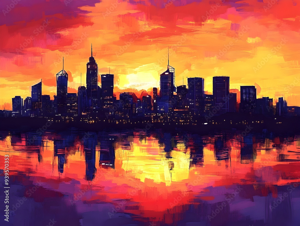 Obraz premium Vibrant Cityscape Silhouetted Against Setting Sun, Glowing with Evening Lights