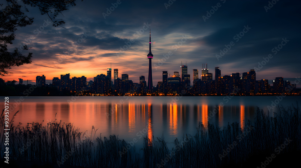Evening Glow: Vibrant Sunset Casting Warm Hues Over Iconic City Skyline with Sparkling Lights Emerging Evening Glow: Vibrant Sunset Casting Warm Hues Over Iconic City Skyline with Sparkling Lights Emerging